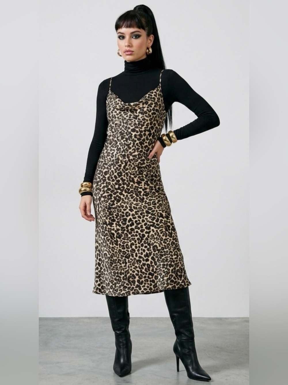 Anthropologie Elyse Satin Leopard Print Cowl Neck Spaghetti Midi Slip Dress XL